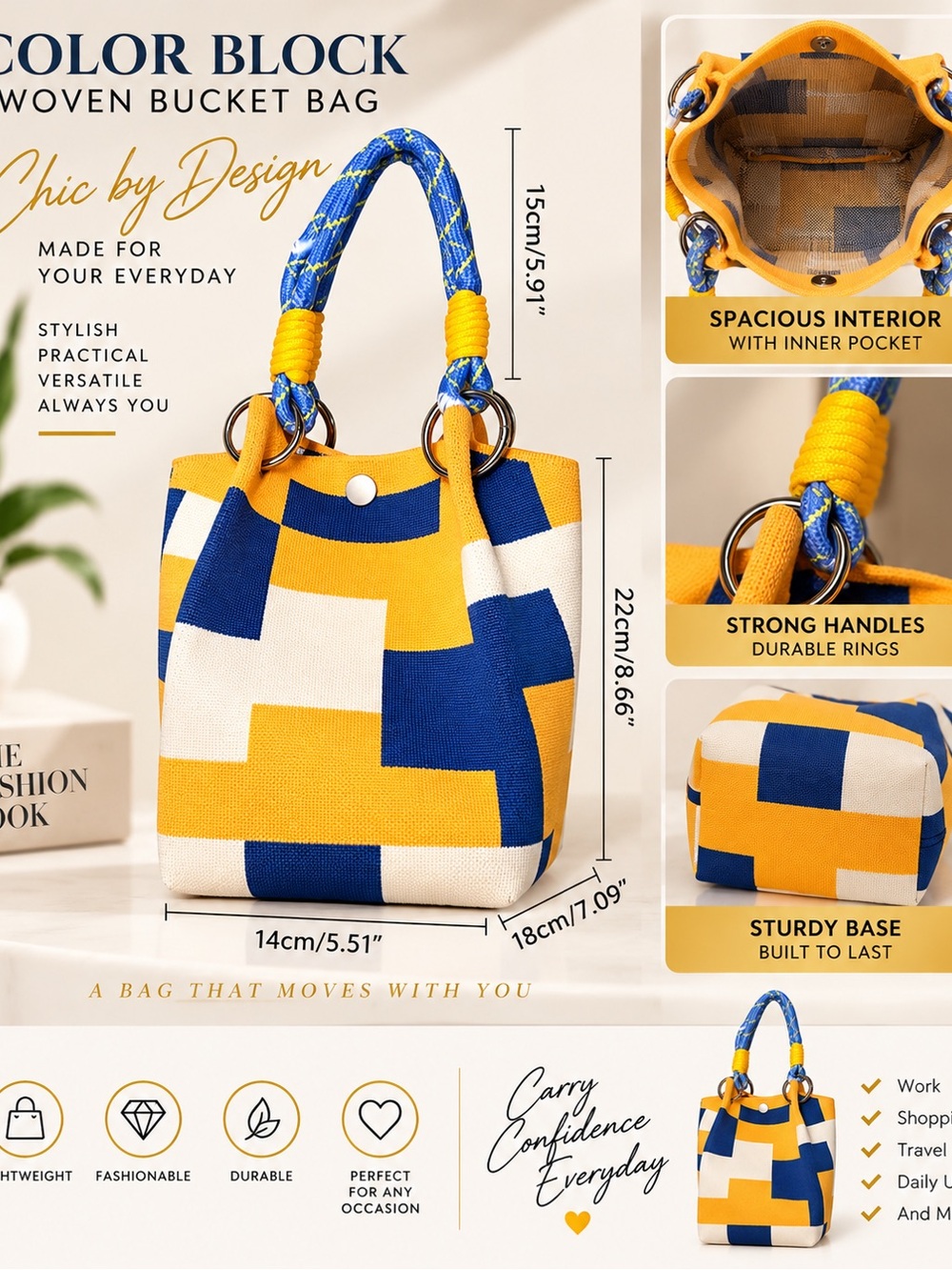 Geometric Color-Block Tote Bag in Yellow, Blue & White